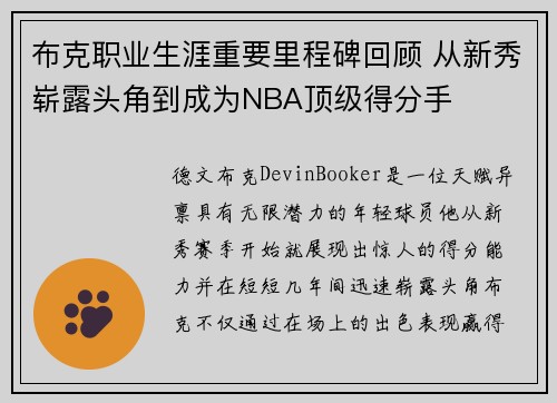 布克职业生涯重要里程碑回顾 从新秀崭露头角到成为NBA顶级得分手