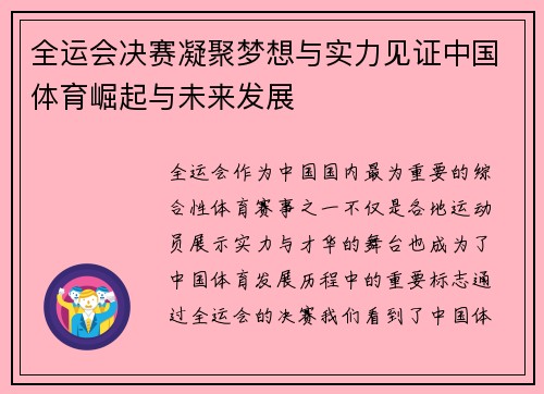 全运会决赛凝聚梦想与实力见证中国体育崛起与未来发展